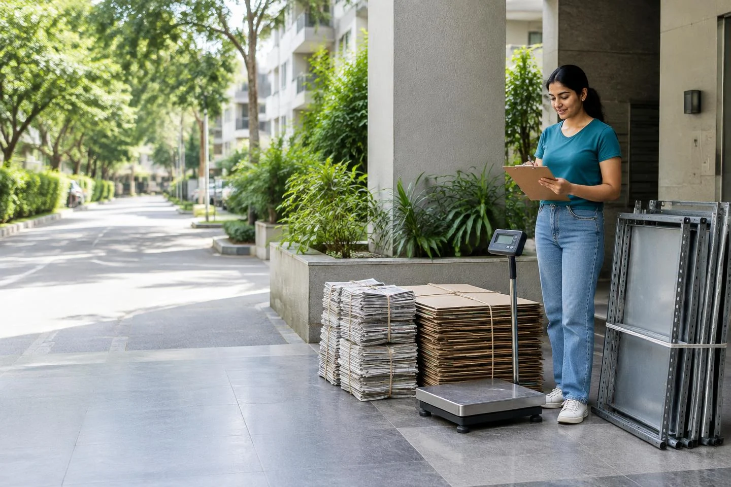 Illustrative residential collection point with dry newspapers, cardboard, metal shelving and a platform scale; not an actual HBR Layout pickup