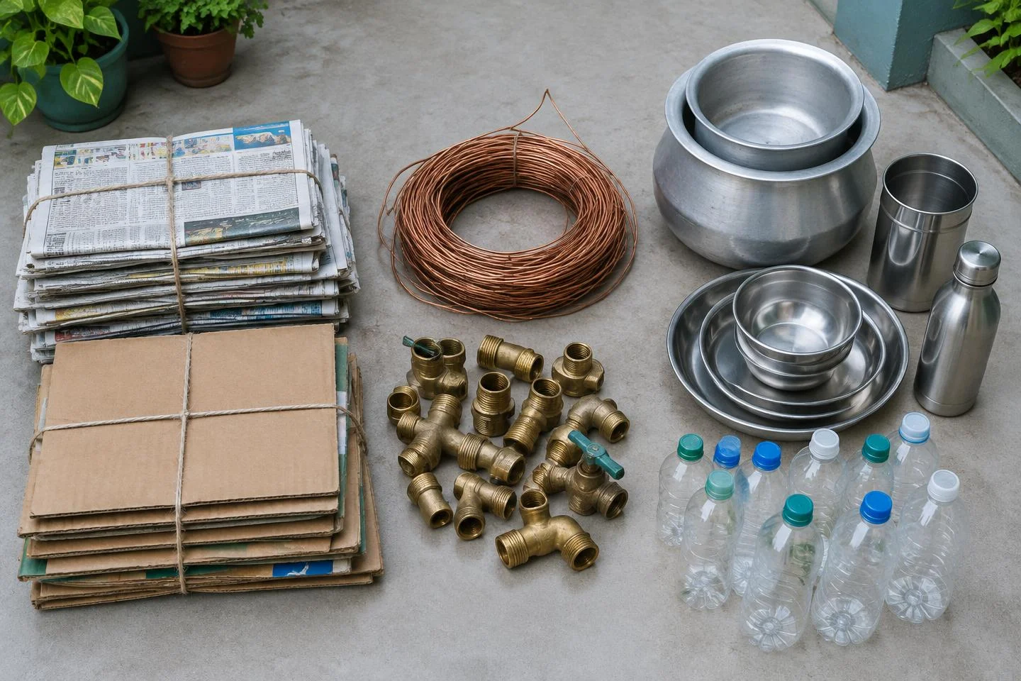 Separated household recyclables: newspapers, cardboard, copper wire, brass fittings, aluminium and bottles