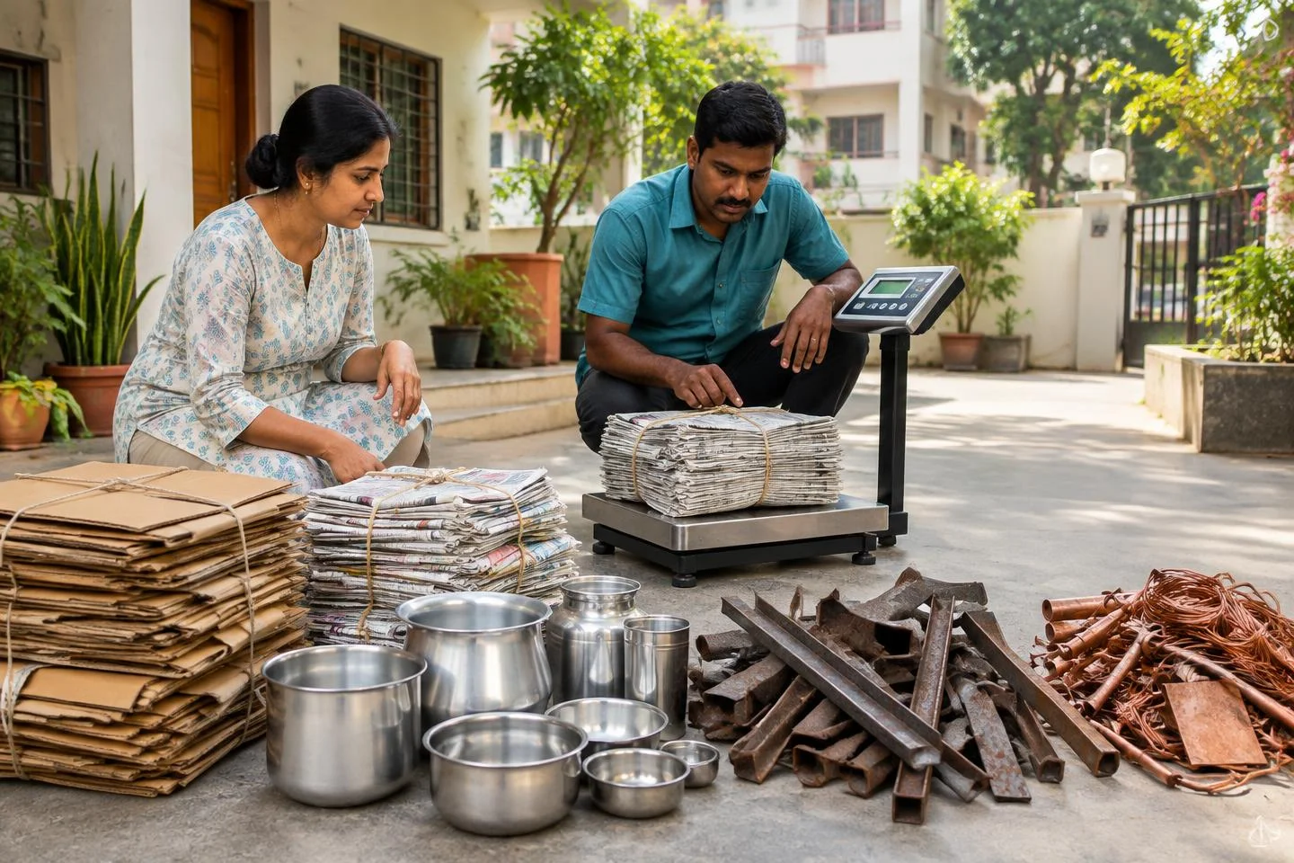 Illustrative Bangalore courtyard scene of a household seller and collector checking sorted scrap on a platform weighing scale